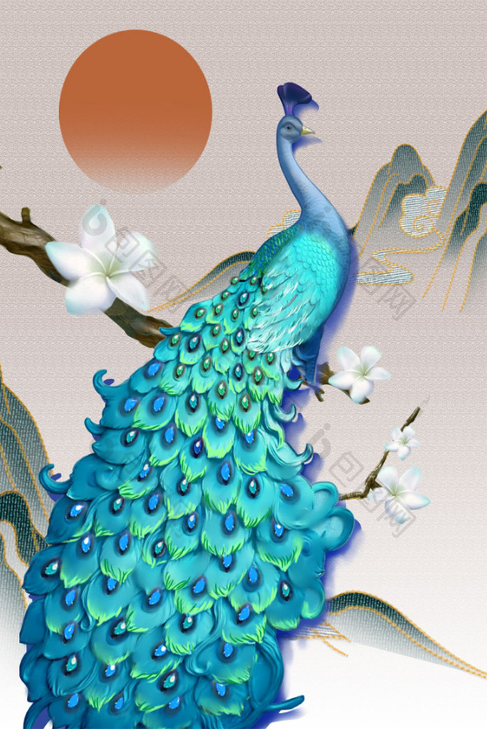 新中式孔雀山水装饰画