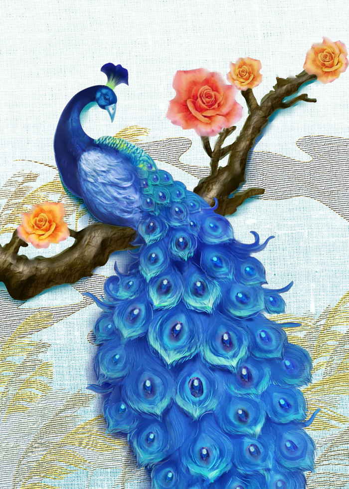 中式蓝色孔雀装饰画图片