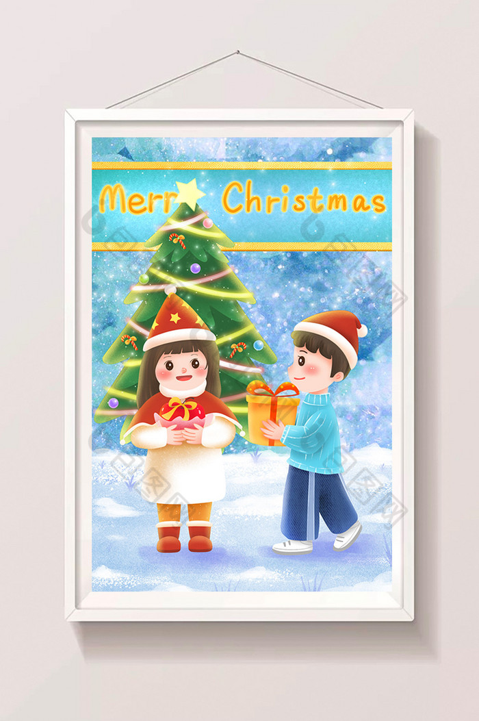 圣诞节交换礼物的情侣插画图片图片