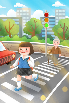 过马路遵守交通规则注意交通安全插画恢复生产生活秩序展板四件套加速