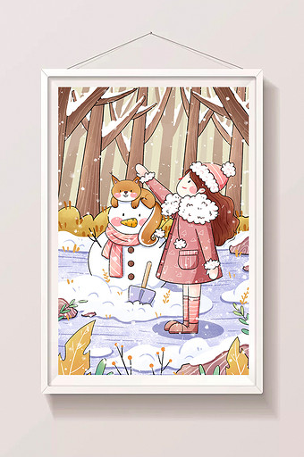 清新二十四节气大雪女孩与雪人插画图片