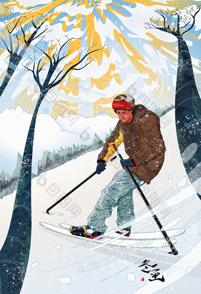 彩色噪点写实冬季滑雪冬至场景插画