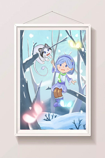 蓝色梦幻铅笔绘儿童冬季插画图片
