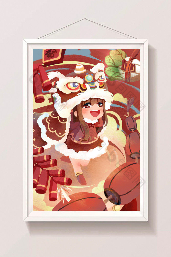 过新年元旦少女舞狮插画图片