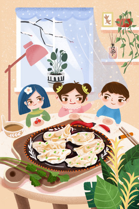 冬至小孩们吃饺子插画饺子冬至插画