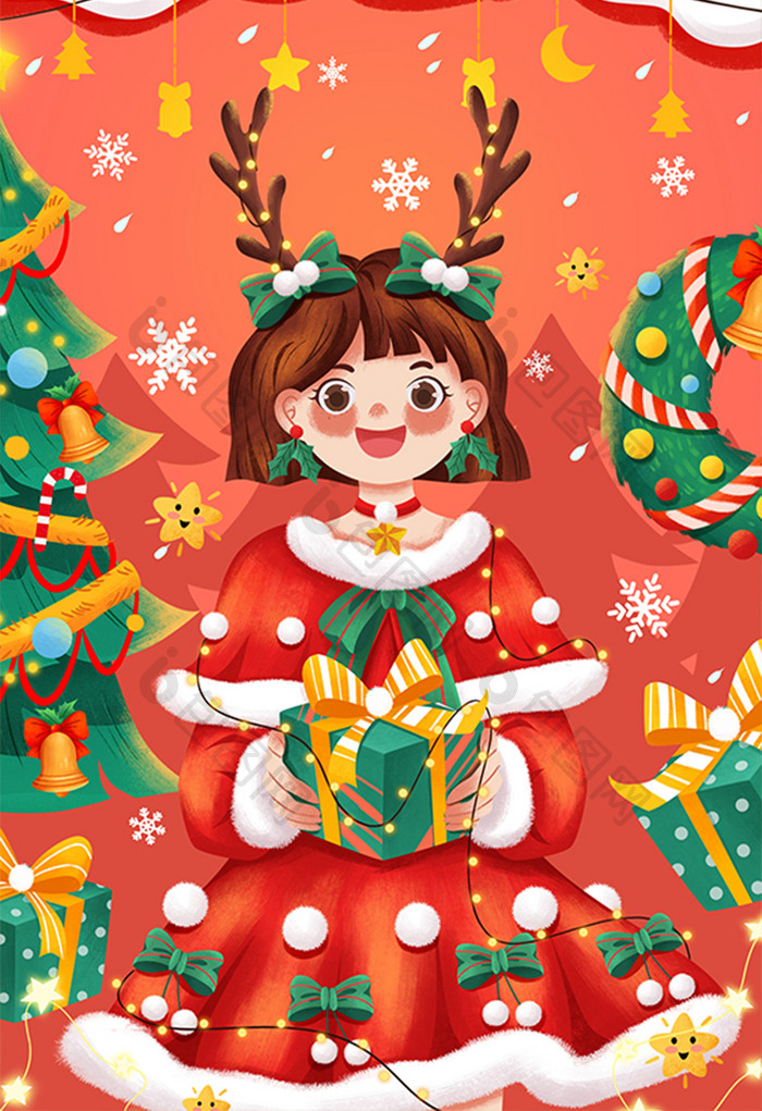 圣诞节圣诞女孩圣诞树礼物花环插画