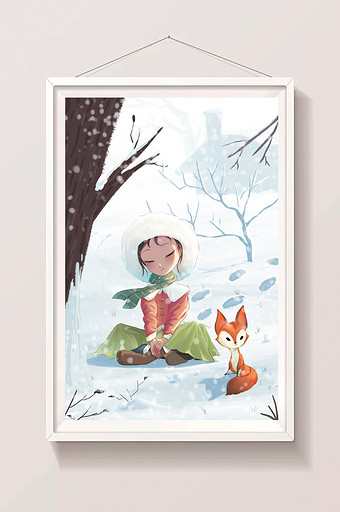 唯美雪中的小女孩插画图片