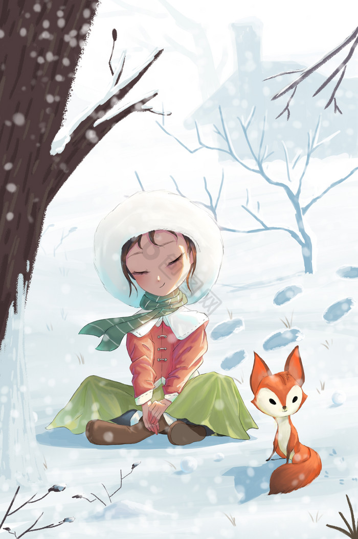 雪中的小女孩插画图片