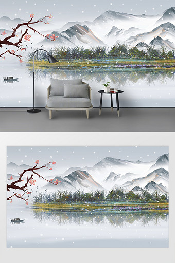 中式山水雪景梅花电视背景墙图片