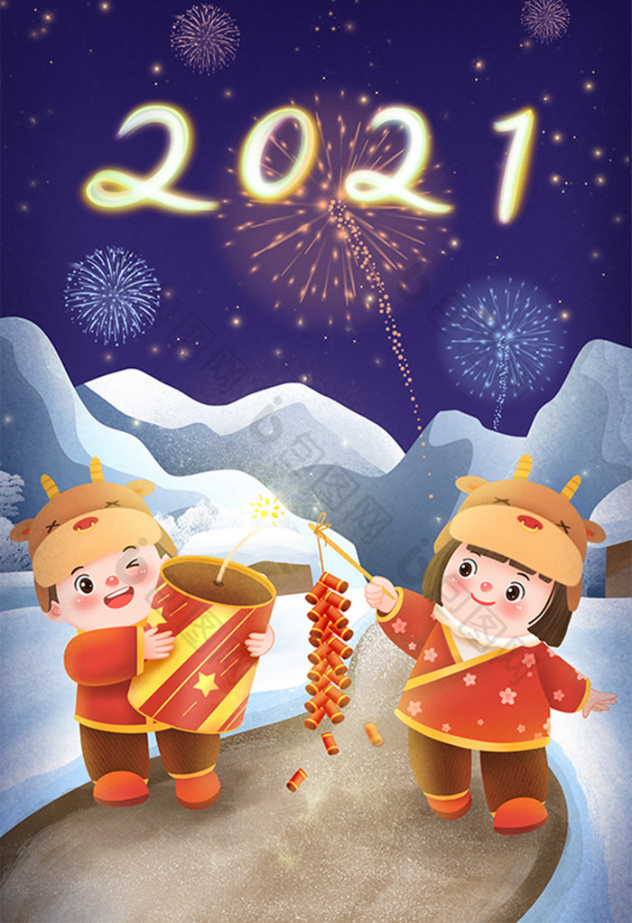 元旦新年中国娃娃放鞭炮插画