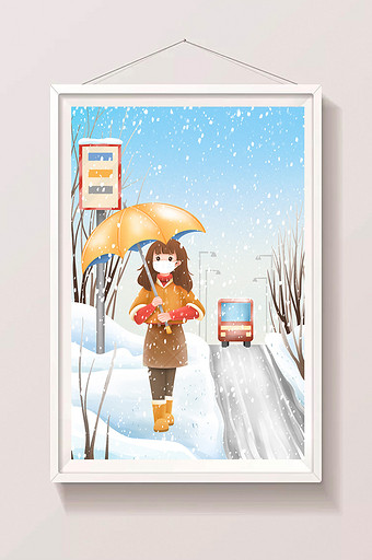 唯美清新冬天出行戴口罩等车的女孩插画图片