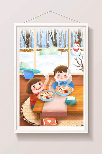 温馨可爱冬天孩子在室内吃面条取暖插画图片