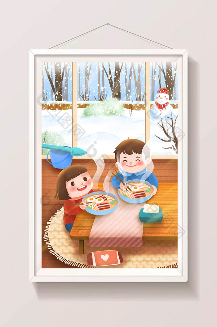 温馨可爱冬天孩子在室内吃面条取暖插画