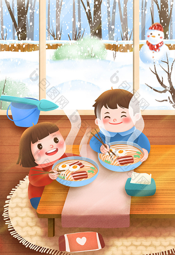 温馨可爱冬天孩子在室内吃面条取暖插画