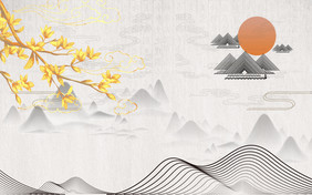 中式山水蓝色版画背景仙鹤元素电视背景墙