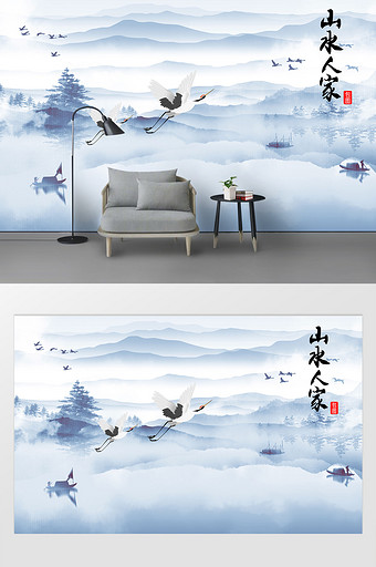 中式山水蓝色版画背景仙鹤元素电视背景墙图片