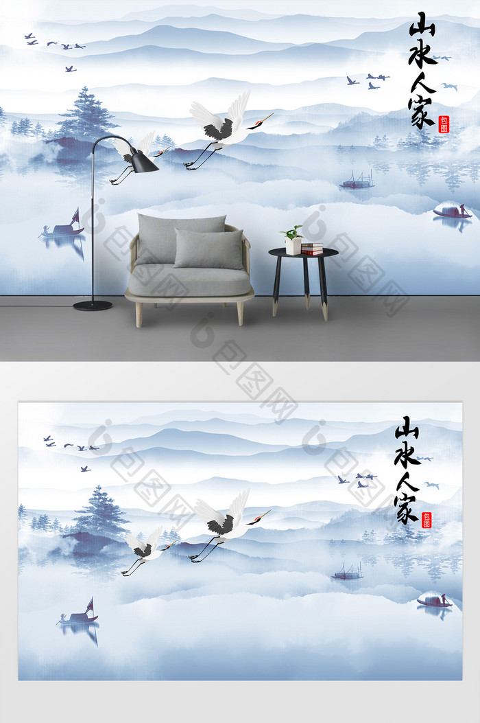 中式山水蓝色版画背景仙鹤元素电视背景墙