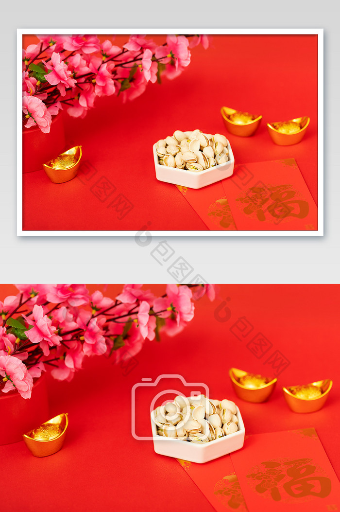 坚果开心果红色背景新年气氛新春春节海报