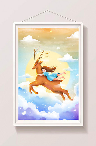 唯美清新圣诞节云间奔跑的麋鹿插画图片