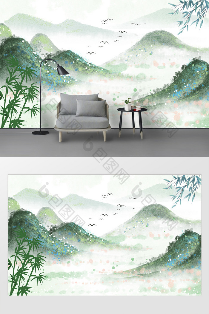 中式传统山水竹子元素电视背景墙