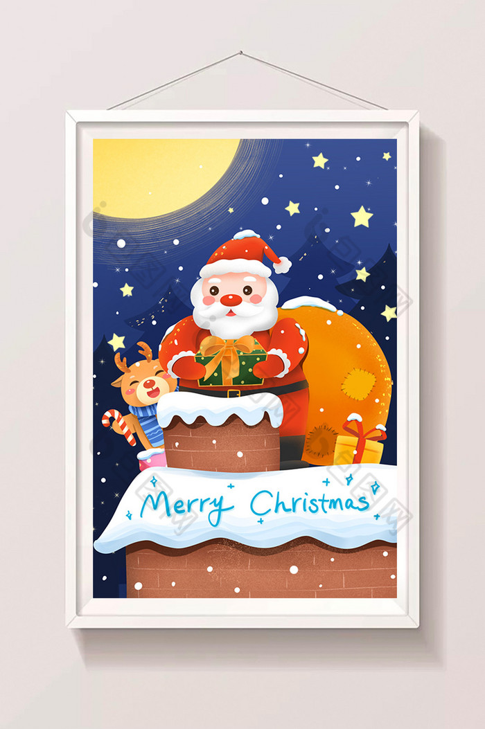 圣诞节平安夜圣诞老人在烟囱投礼物插画图片图片