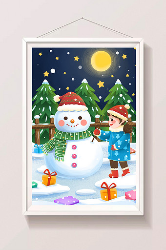 圣诞平安夜堆雪人的女孩插画图片