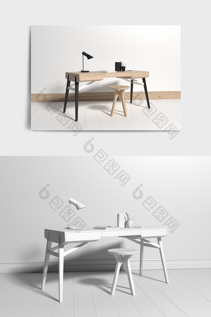 现代简约原木色的桌椅C4D模型图片图片