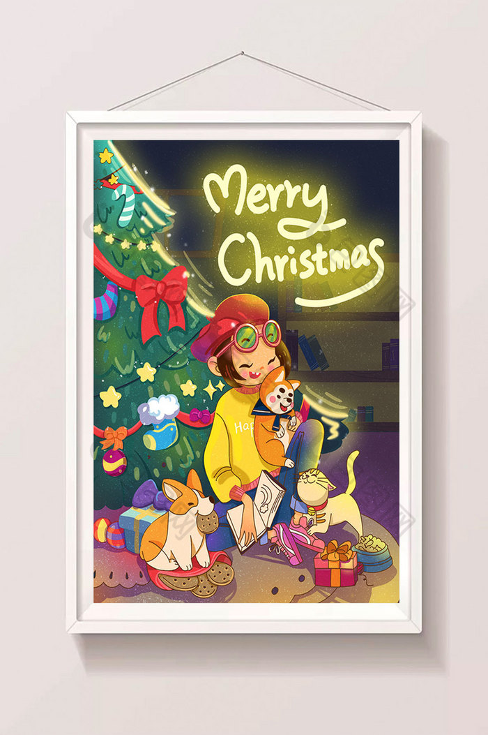 圣诞节平安夜宠物圣诞树插画图片图片