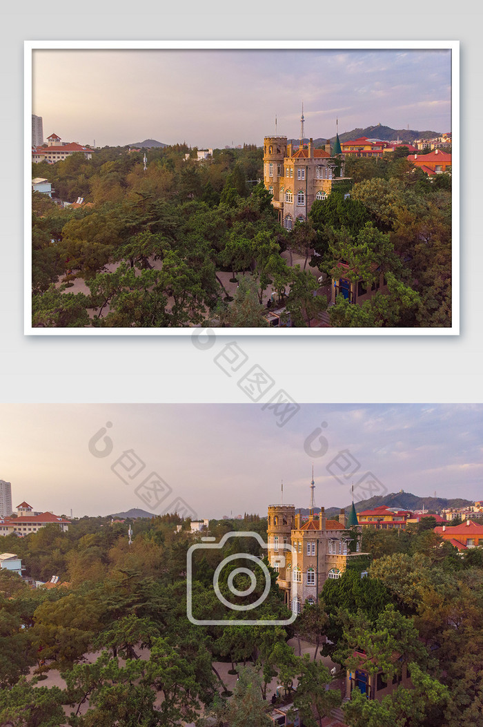 夕阳下的美丽青岛建筑的摄影图片