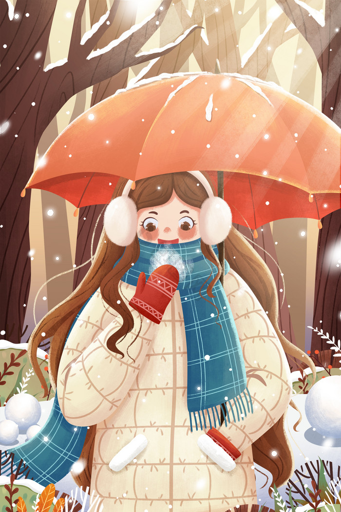 二十四节气大雪撑伞女孩冬季插画图片