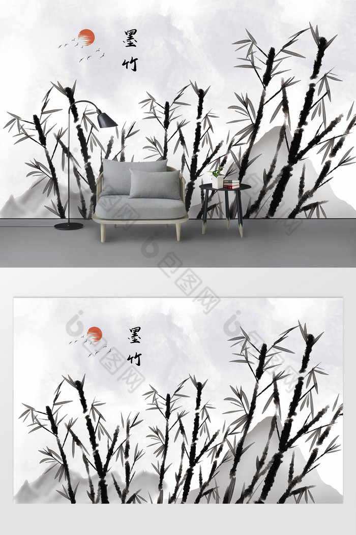 新中式简约水墨竹子山水画背景墙图片图片