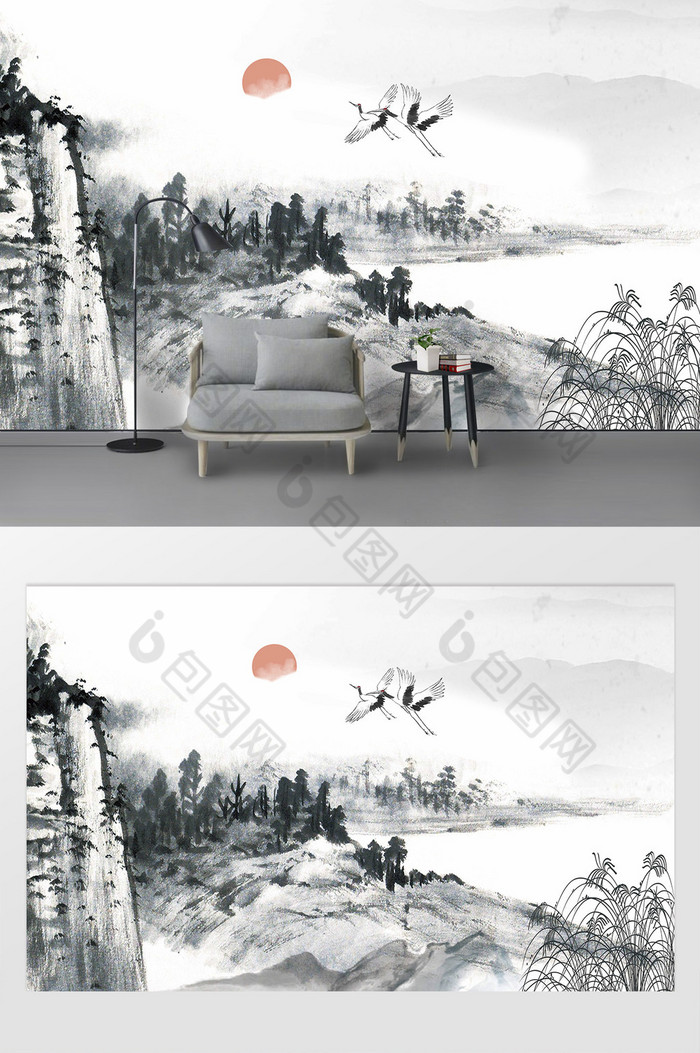 新中式简约水墨山水仙鹤客厅电视背景墙图片图片