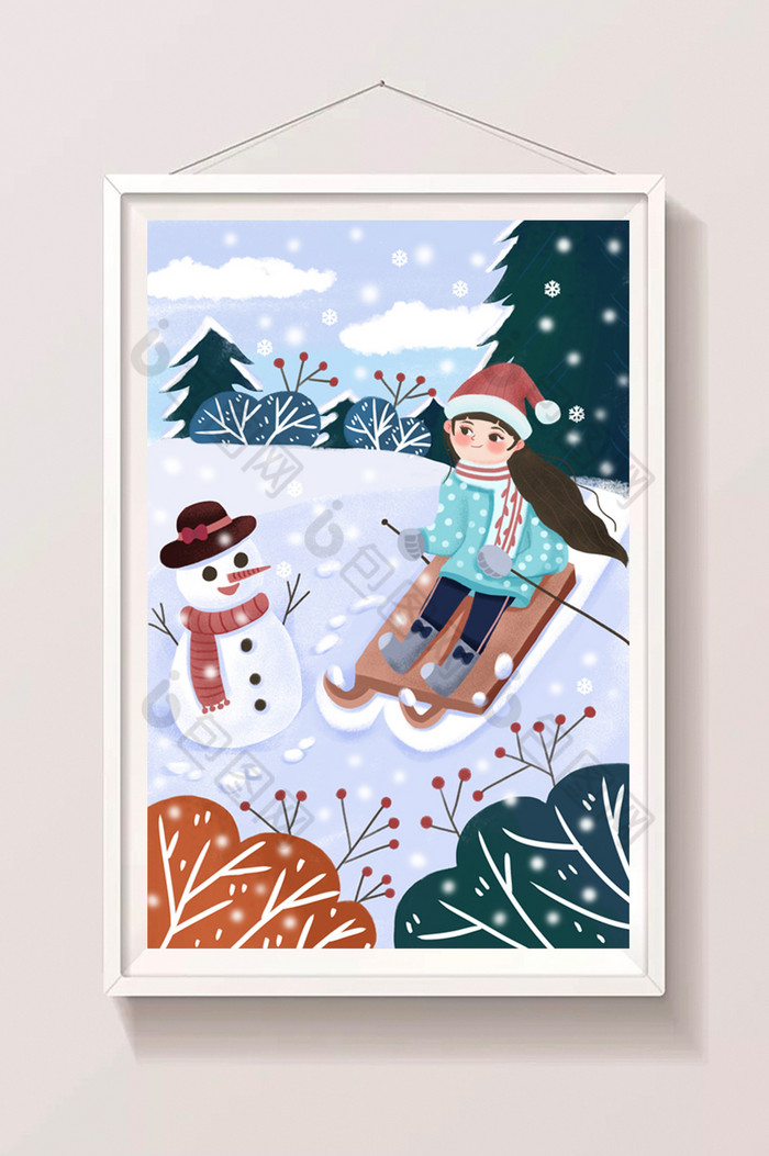 大雪插画女孩雪景雪人大雪纷飞滑雪插画图片图片