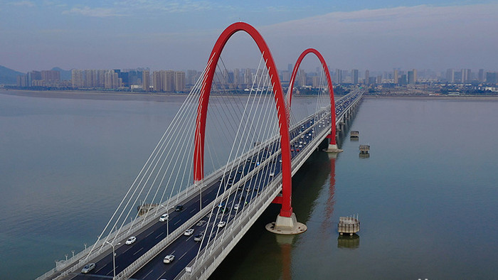 杭州市之江大桥钱江七桥车流航拍视频