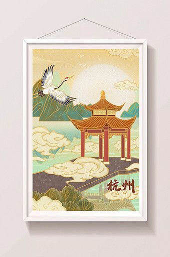 中国风国潮山水杭州建筑古风插画图片