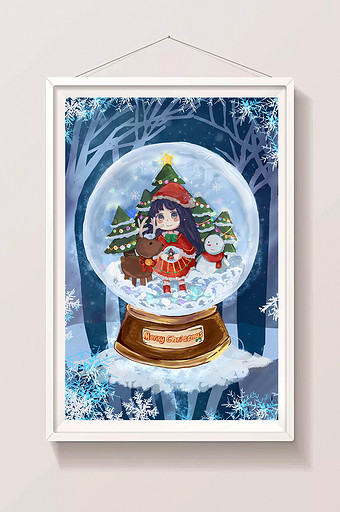 蓝色水晶球圣诞节女孩与麋鹿雪人梦幻插画图片下载