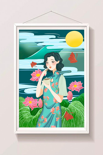 蓝色深邃国潮中国风女子民国美女插画图片