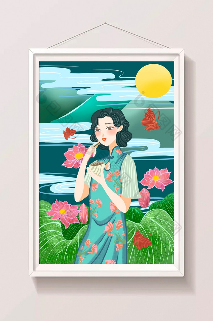 蓝色深邃国潮中国风女子民国美女插画