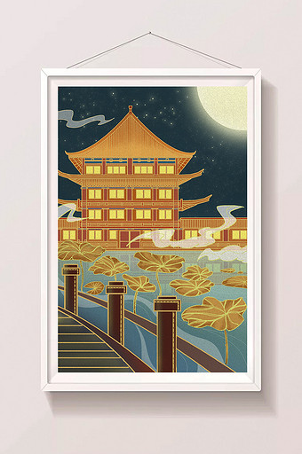 中国风国潮建筑夜色古风插画图片