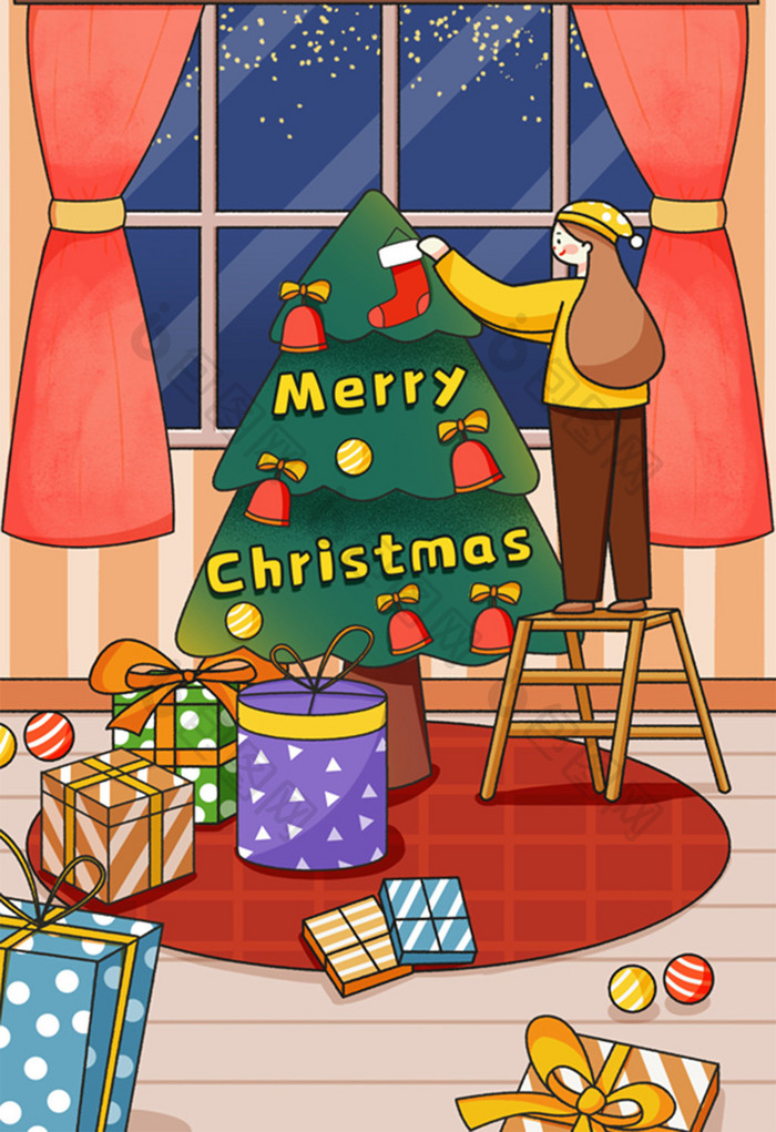 红色圣诞节布置圣诞树卡通可爱插画