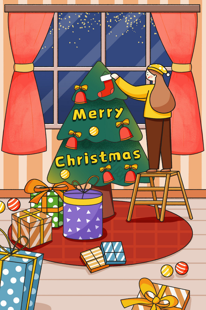 圣诞节布置圣诞树插画图片