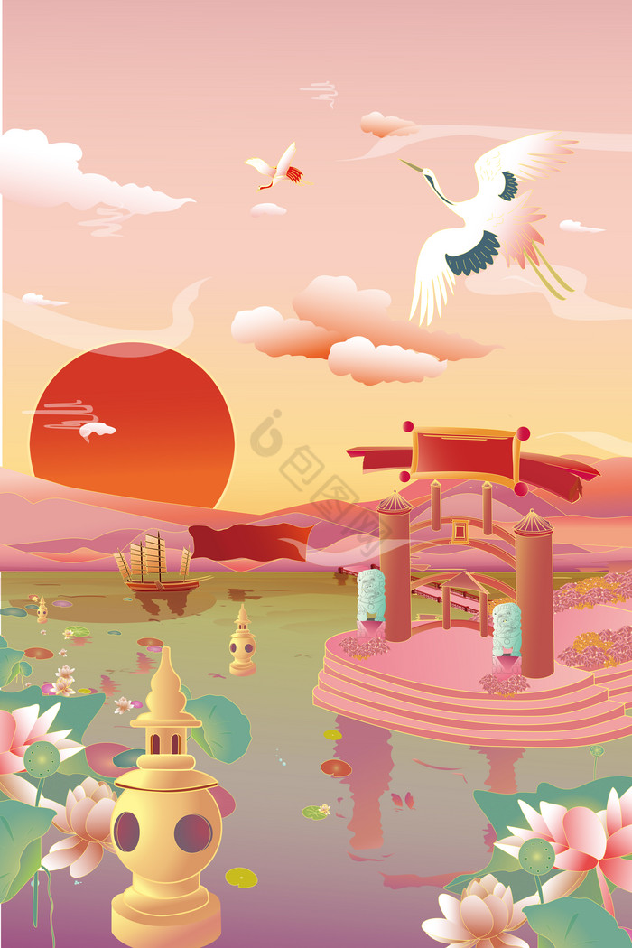 紫城市山水杭州西湖风景插画图片