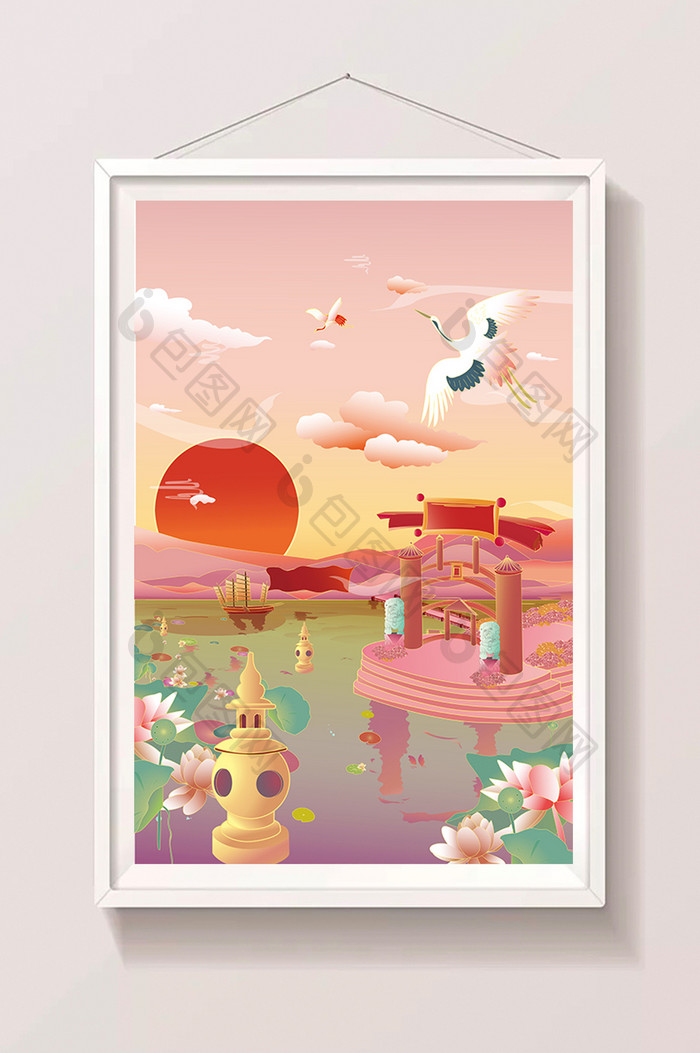 紫红色中国风城市山水杭州西湖风景插画