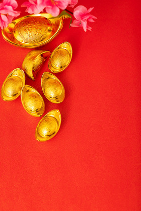 元宝红包桃花财运财富图春节财运金牛横版插画绿色水简约果天降领取