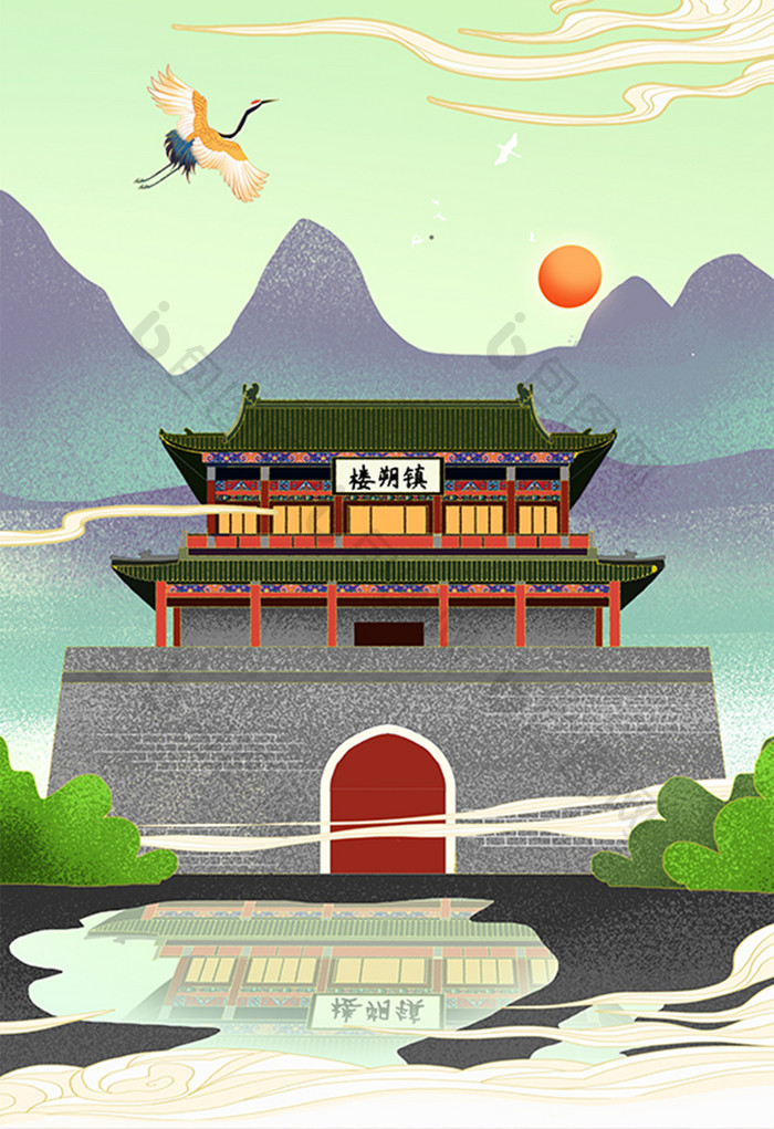 灰色中国风建筑旅游插画