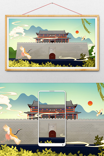 黄色中国风建筑旅游插画图片