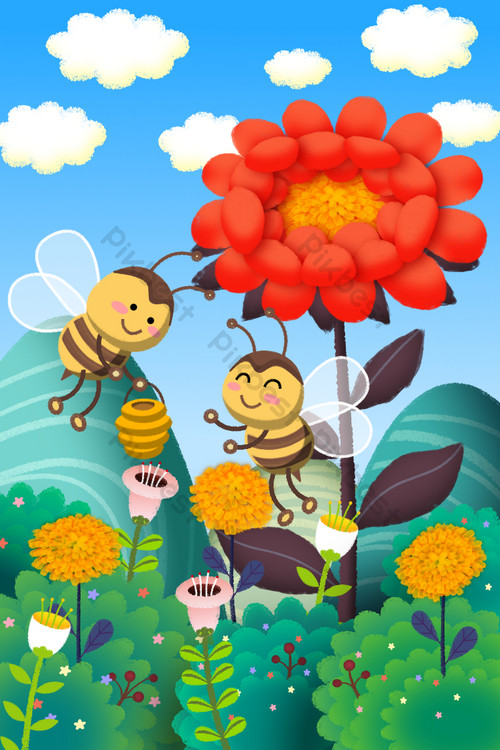 植物花草小昆虫小蜜蜂采花蜜插画