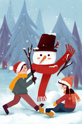 寒冷大雪户外堆雪人的孩子们插画图片