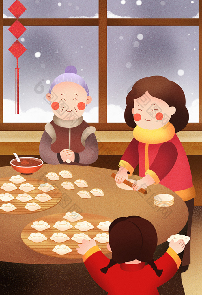 中国冬至包饺子插画
