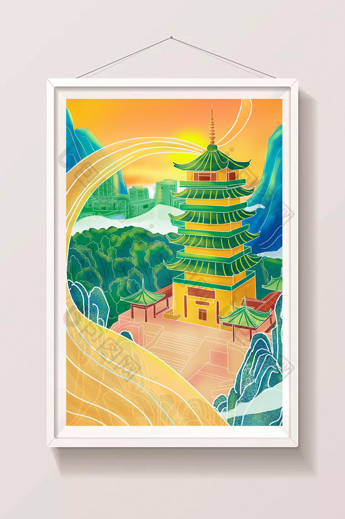 国潮中国风佛山城市古塔建筑场景插画